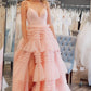 Sexy A Line V-neck Black Tulle Multi-Tiered Long Prom Dress SH1649