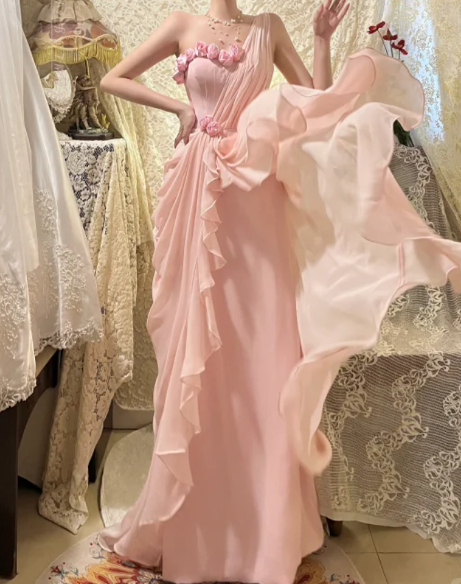 Gentle Pink One Shoulder Floral Pleated Chiffon Long Prom Dresses 16th Birthday Dresses SH4637