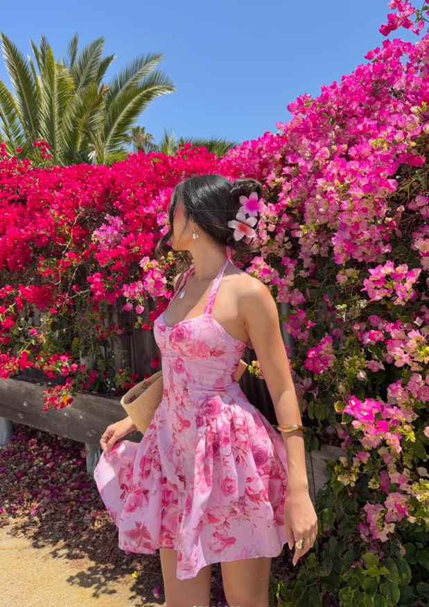 Pink Print Floral A Line Halter Satin Short Prom Dress Homecoming Dress SH6390