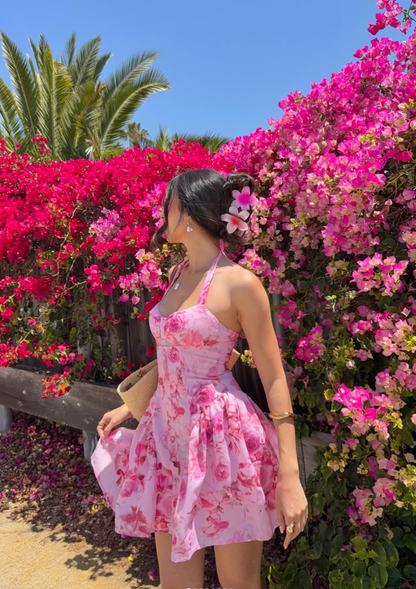 Pink Print Floral A Line Halter Satin Short Prom Dress Homecoming Dress SH6390