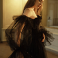 Ethereal Black A Line Long Sleeve Tulle Long Train Prom Dress Evening Dress SH6697