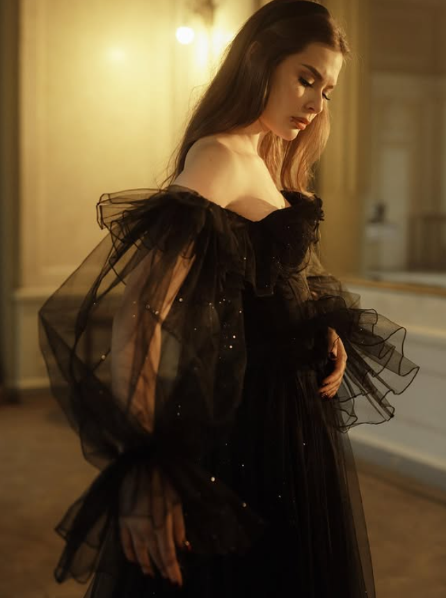 Ethereal Black A Line Long Sleeve Tulle Long Train Prom Dress Evening Dress SH6697