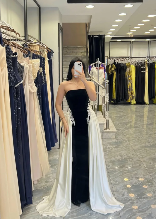 Pretty Black-white A Line Strapless Beaded Velvet Satin Long Prom Dress Wedding Guest Dress SH5405