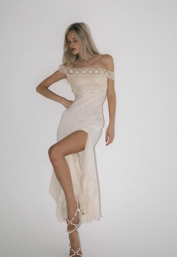 Ivory Sheath Off the Shoulder Shiny Beaded Chiffon Prom Dress Vacation Dress SH6265