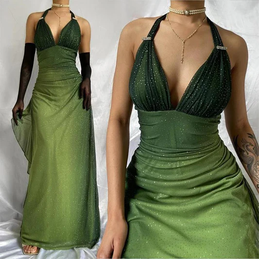 Halter Ombre Navy Blue Long Chiffon Prom Dress  SH1157