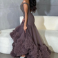 Brown Mermaid V Neck Tulle Long Prom Dress Evening Dress SH1895