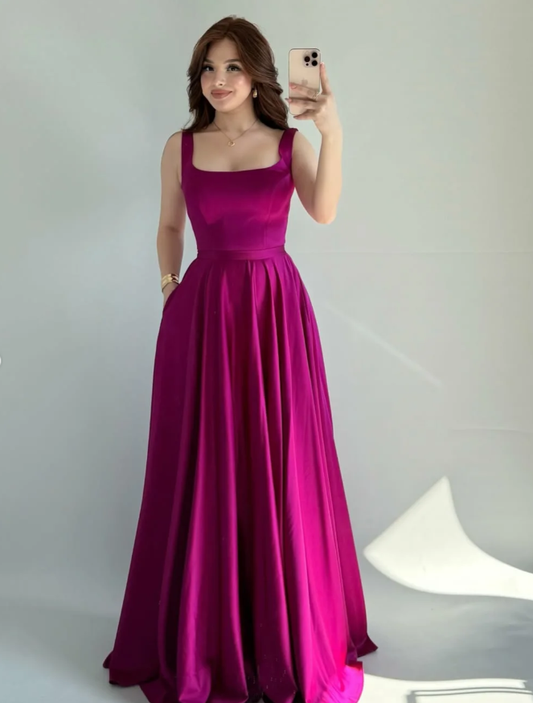 Simple Pink A Line Spaghetti Straps Satin Prom Dress Date Dress SH5550