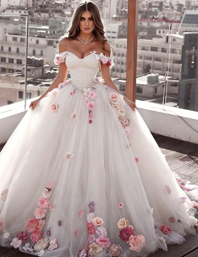 Off Shoulder Tulle Ball Gown Wedding Dresses Floral Flowers Beaded P5461