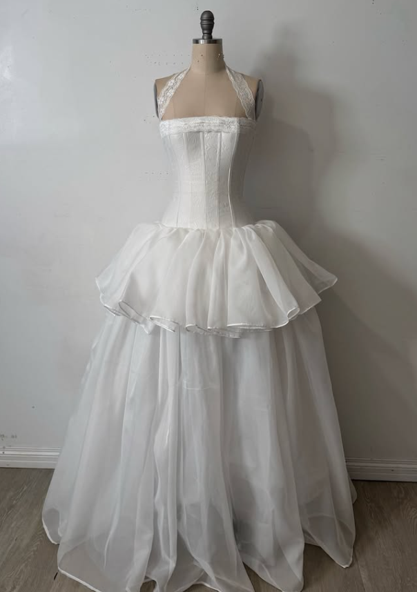 Vintage White Ball Gown Halter Chiffon Satin Prom Dress Wedding Dress SH5449