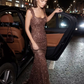 Brown Mermaid Strap Sequin Lace Long Prom Dress Evening Dress SH8552