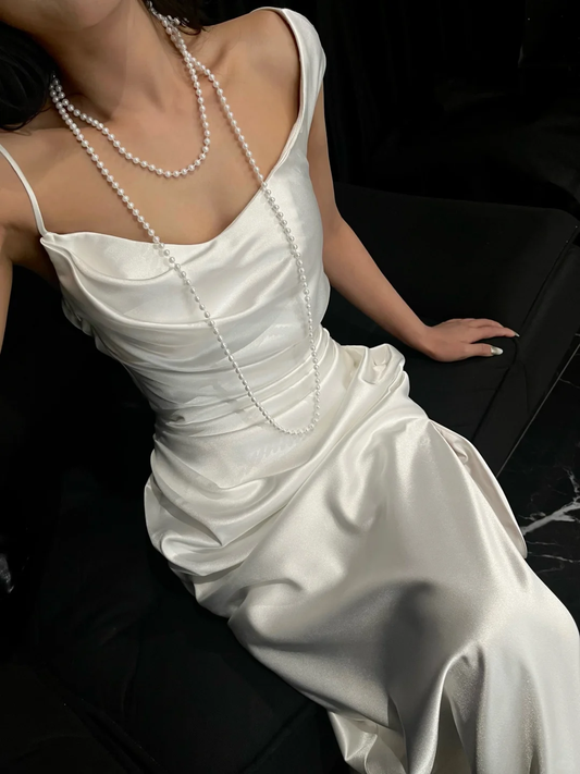 Elegant White Sheath Straps Satin Long Prom Dress Formal Gown Wedding Dress SH4187