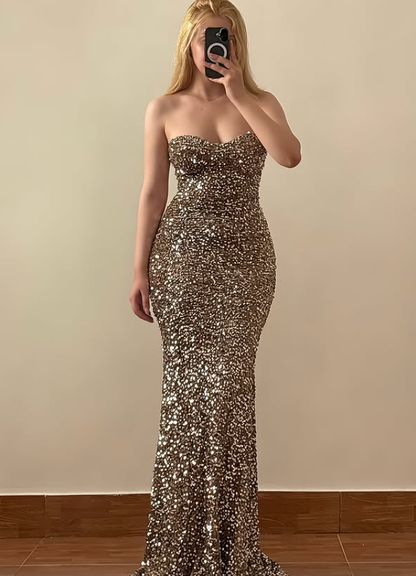 Shiny Gold-brown Mermaid Strapless Sequin Velvet Prom Dress Evening Dress SH6831