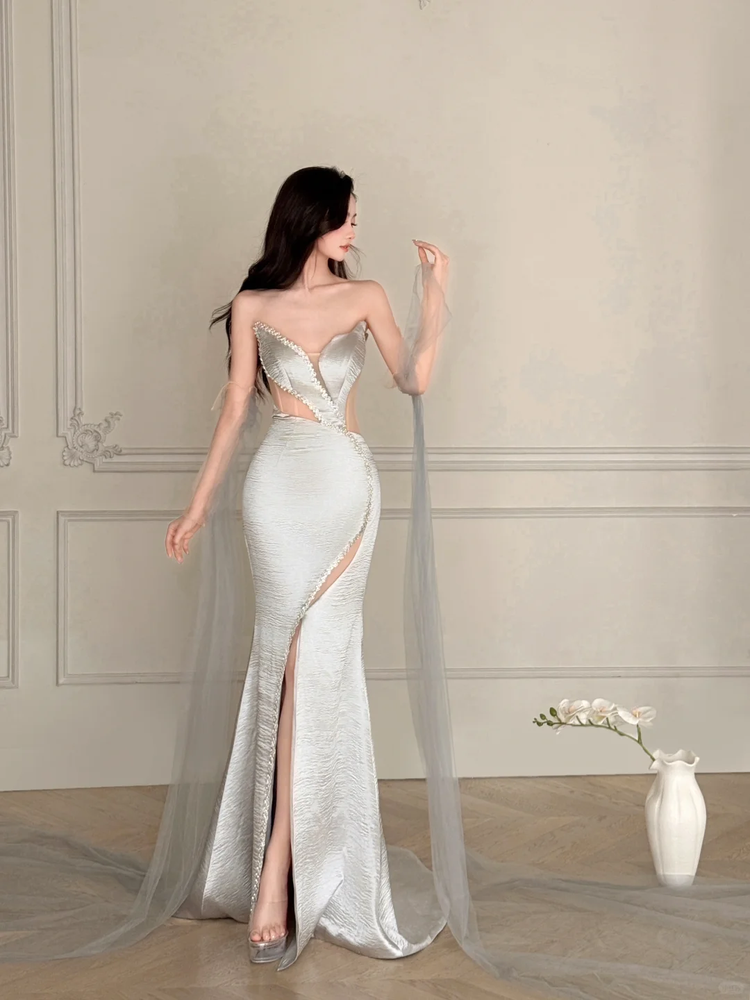 Gorgeous Mermaid Strapless Beaded Silver Satin Tulle Long Evening Dress Ball Gown SH3490
