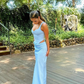 Elegant Blue Sheath Straps Corset Satin Long Prom Dress Evening Dress SH1849