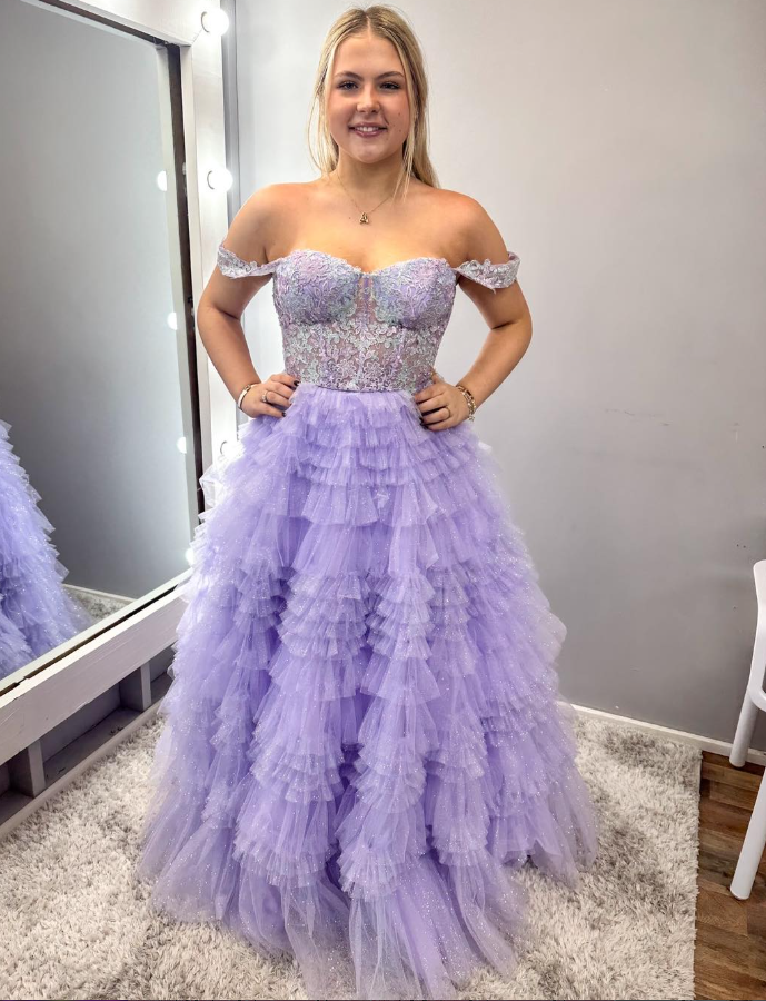 Lilac Ball Gown Off the Shoulder Appliuqes Layered Tulle Long Prom Dress Evening Dress SH6784