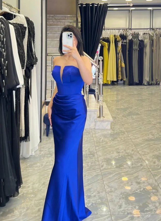 Royal Blue Sheath Strapless Satin Long Prom Dress Evening Dress SH7317