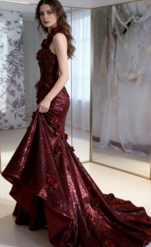 Shiny Burgundy Mermaid Halter Appliques Ruffle Sequin Long Prom Dress SH5426