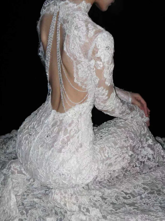 Stunning Mermaid Long Sleeve Beaded White Lace Backless Long Sweep Wedding Dress SH5232