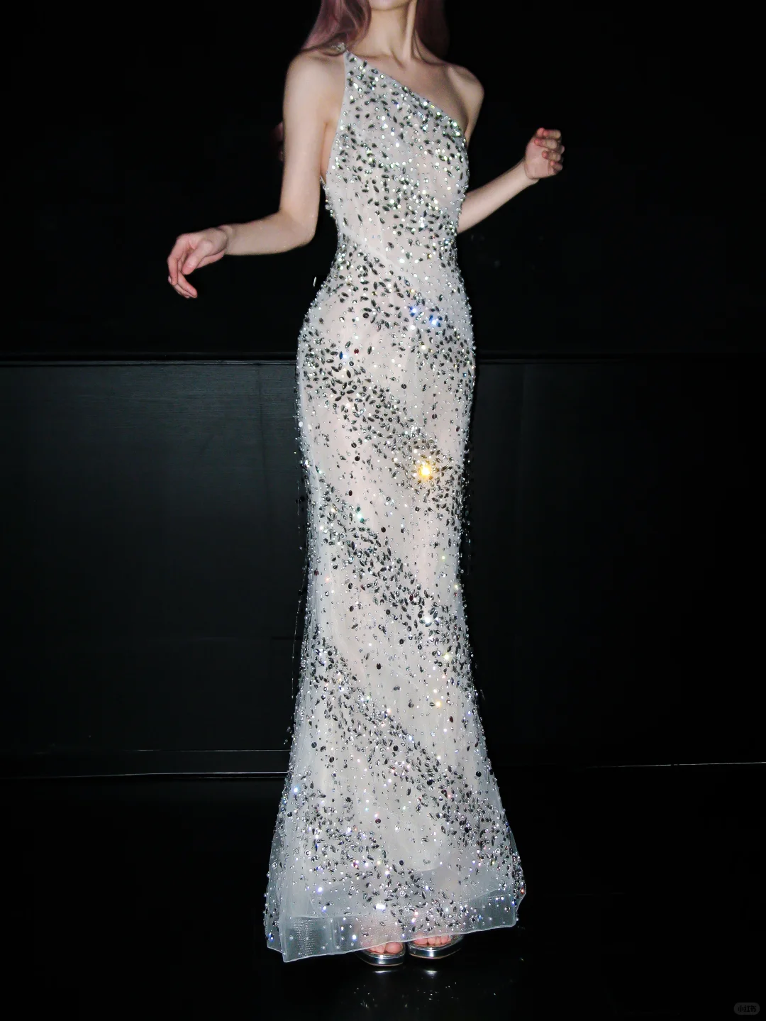 Shiny Sheath One Shoulder Rhinestone Tulle Long Prom Dress SH5553