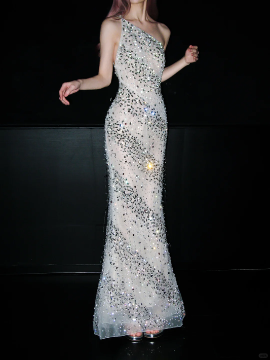 Shiny Sheath One Shoulder Rhinestone Tulle Long Prom Dress SH5553