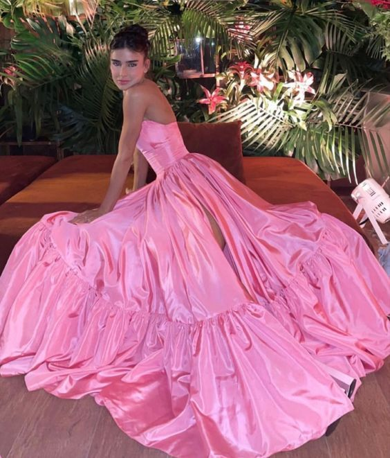 Classic Pink A-line Strapless Side Slit Long Party Prom Dresses SH650