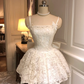 White A Line Spaghetti Strap Pearl Lace Short Homecoming Dress Cocktail Dress SH3360
