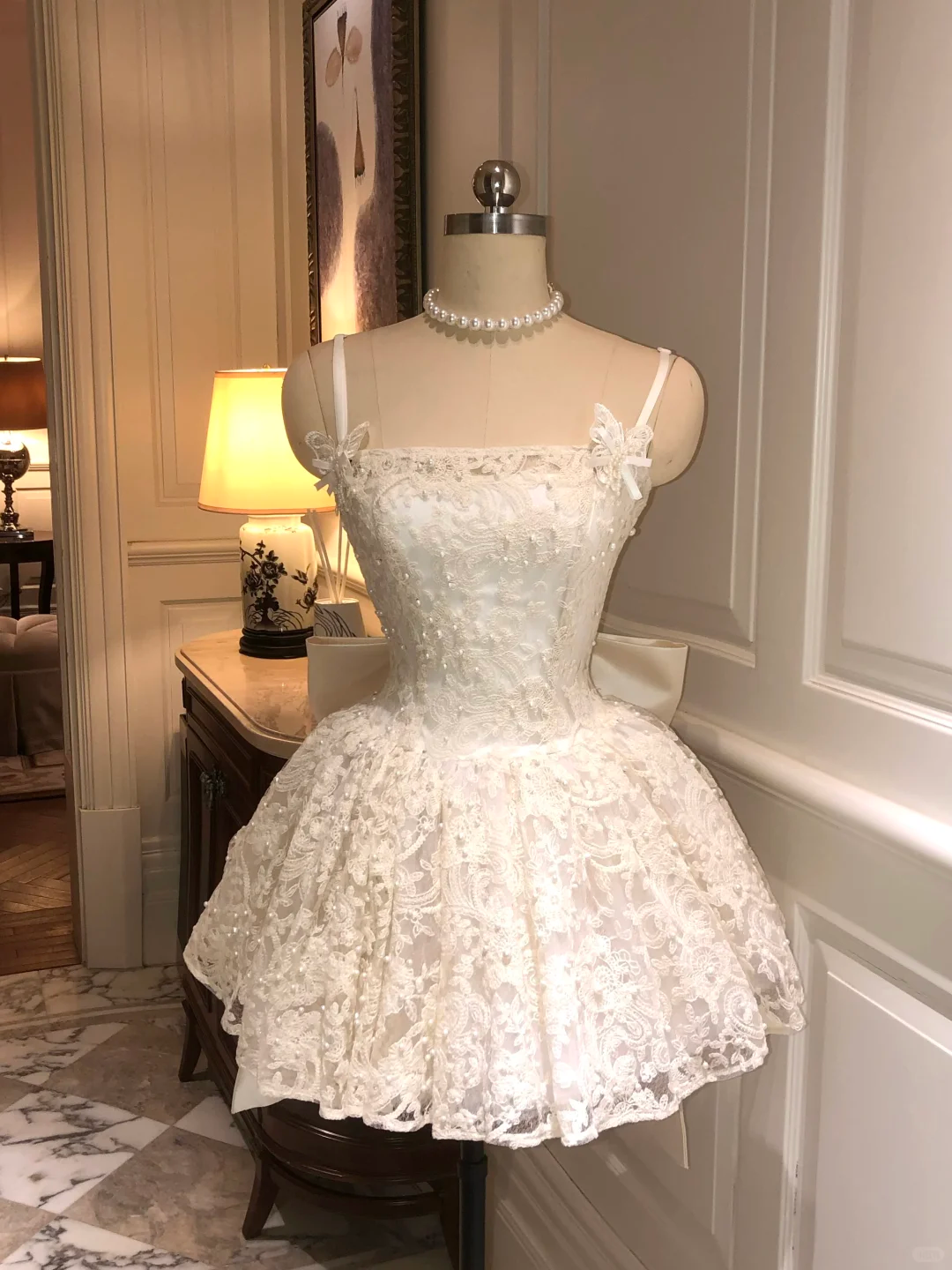 White A Line Spaghetti Strap Pearl Lace Short Homecoming Dress Cocktail Dress SH3360