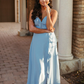 Gentle A Line Ruffle Blue Chiffon Evening Dress Bridesmaid Dress with Slit SH2703