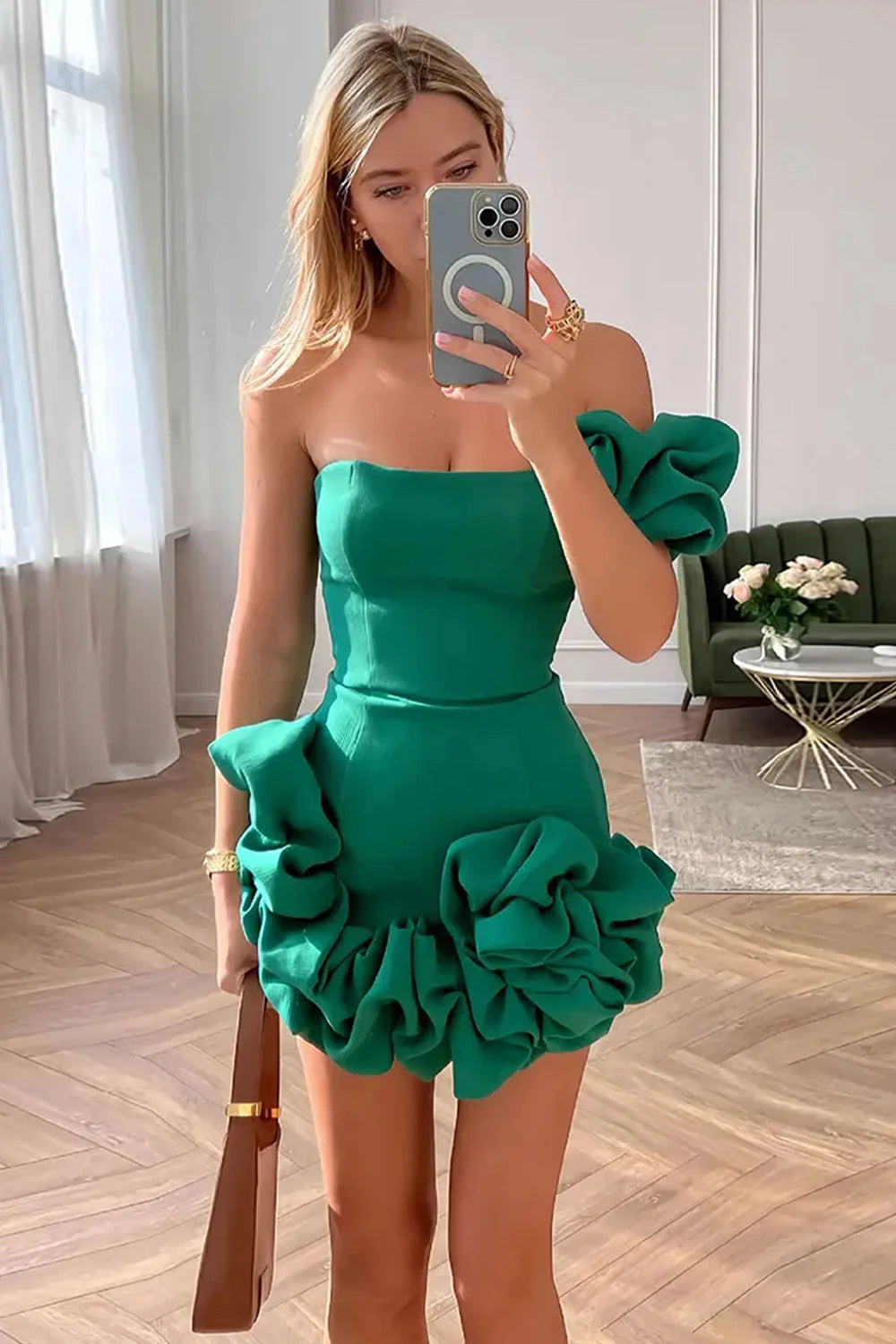 Green Stylish Bodycon One Shoulder Mini Graduation Dress Homecoming Dresswith Ruffles SH7989