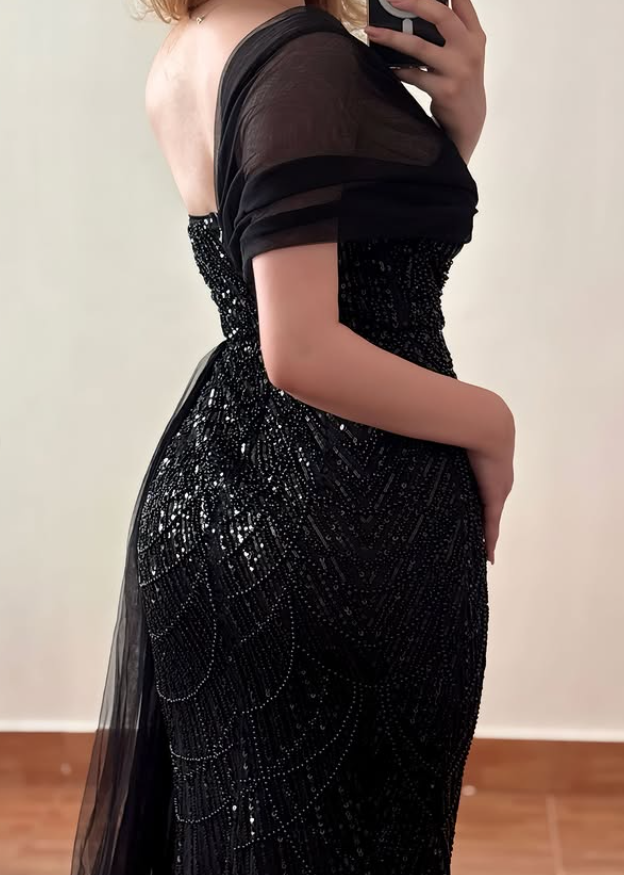 Glamorous A Line One Shoulder Exquisite Black Beaded Tulle Long Prom Dress Evening Dress SH6827