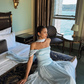 Elegant Baby Blue A Line Off the Shoulder Chiffon Satin Prom Dress Evening Dress Formal Dress SH3745