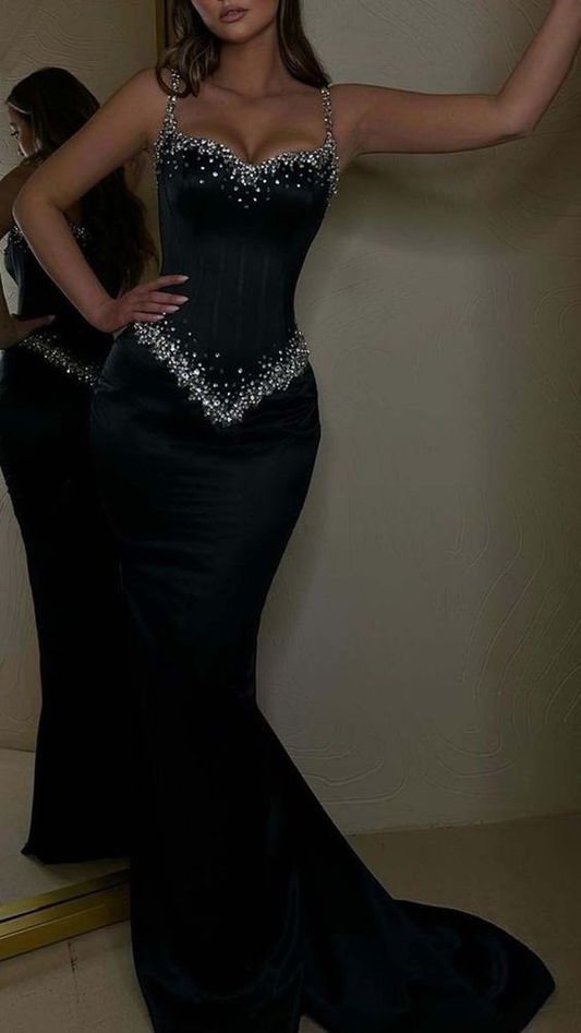 Black Beading Spaghetti Strap Elegant Sleeveless Mermaid Prom Dress Eveing Gown SH1048