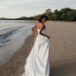 A Line Strapless White Appliques Satin Long Wedding Dress SH7144