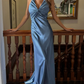 Blue Sheath Halter Bow Satin Open Back Prom Dress Graduation Prom Dress SH2586