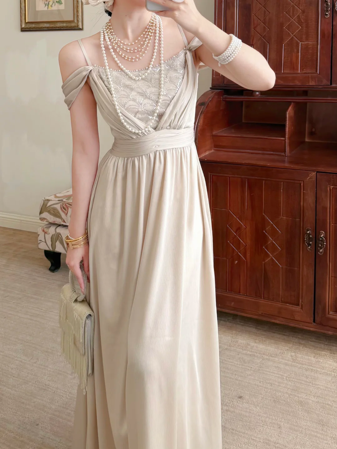 Pretty A Line Spaghetti Straps Beaded Satin Long Prom Dress Evening Dress SH6053