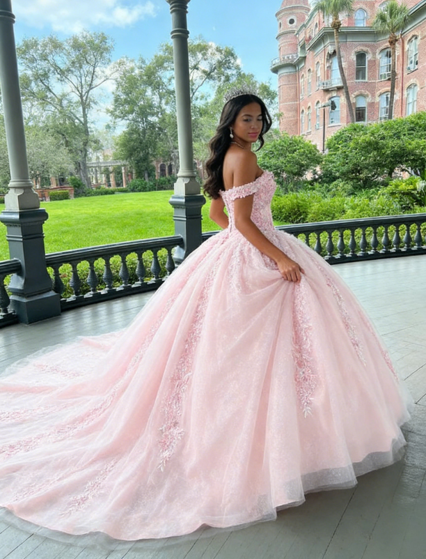 Pink Tulle Applique Long Prom Dress Quinceanera Dress Ball Gown SH970
