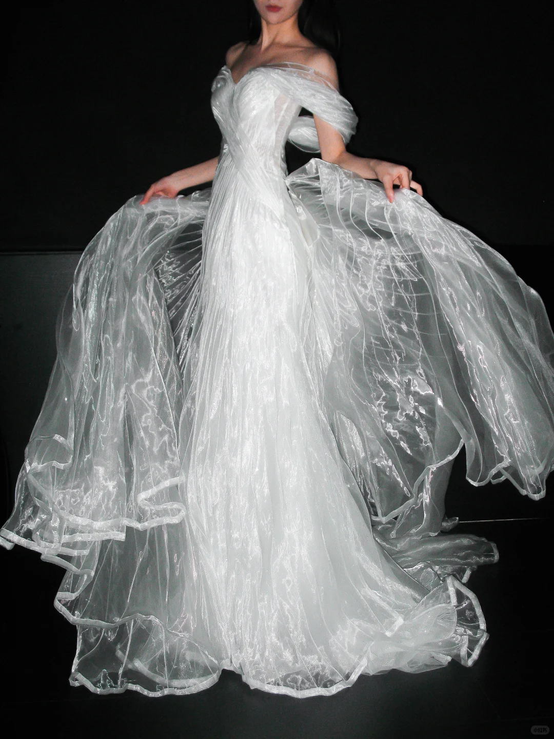Flowy Unique A Line Off the Shoulder White Organza Wedding Dress SH5864