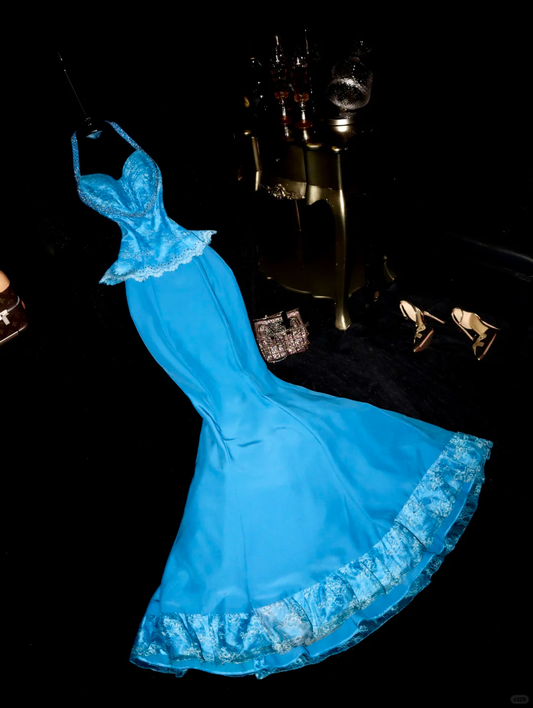 Stunning Mermaid Halter Beaded Sequin Blue Lace Satin Long Prom Dress Party Dress SH3046