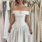 Vintage Ivory A Line Off the Shoulder Rose Satin Long Wedding Dress SH5874