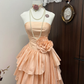 Cute Vintage A Line Strapless Layered Flower Coral Sands Satin Short Homecoming Dress Cocktail Dress SH2986