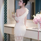 Classic Sheath Off the Shoulder Pink Lace Long Prom Dress Evening Dress SH4670