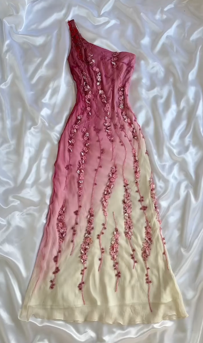 Vintage Pink Ombre Exquisite Floral Beaded Chiffon Long Prom Dress SH5456