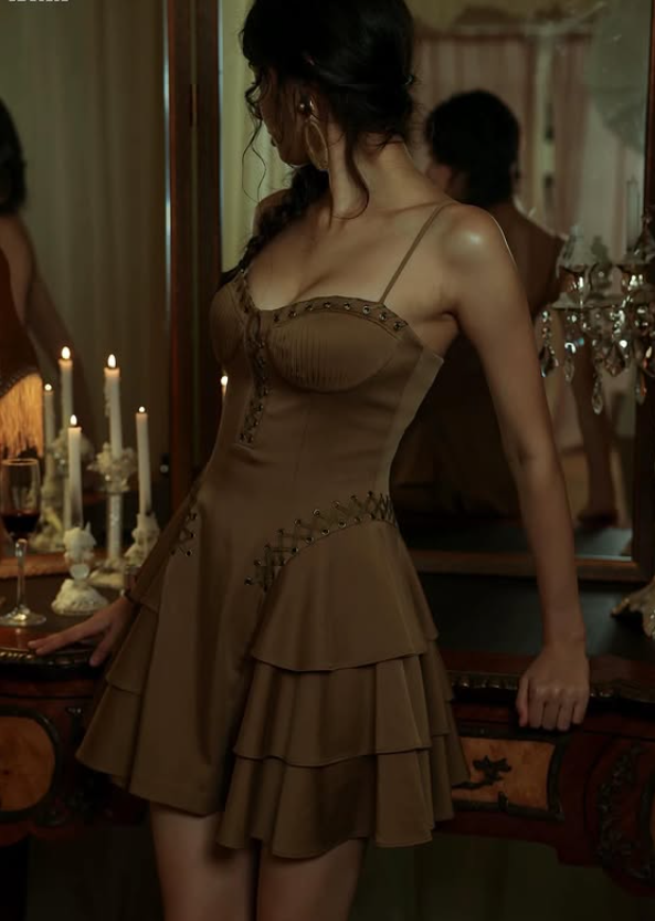Sexy Brown A Line Spaghetti Strap Layered Satin Short Prom Dress Homecoming Dress SH6007