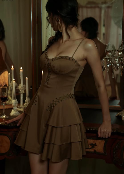 Sexy Brown A Line Spaghetti Strap Layered Satin Short Prom Dress Homecoming Dress SH6007
