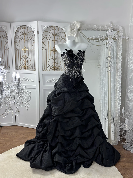 Vintage Black A Line Strapless Shiny Beaded Pleated Satin Prom Dress Sweet 16 Dress SH5982