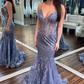 Charming V Neck Lace Mermaid Prom Dress Long Evening Dress SH1384