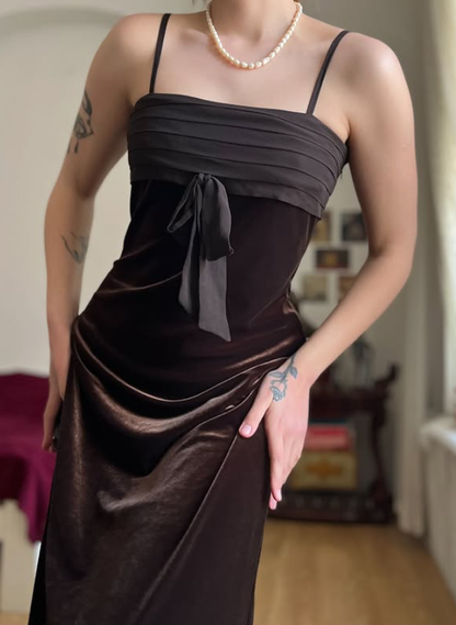 Vintage Sheath Spaghetti Strap Brown Velvet Prom Dress Evening Dress SH6075