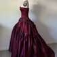 Vintage A Line Strapless Exquisite Beaded Burgundy Satin Prom Dress Wedding Guest Dress SH5400