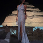 Blue Exquisite Mermaid Halter Rhinestone Tulle Long Prom Dress Evening Dress with Slit SH3514