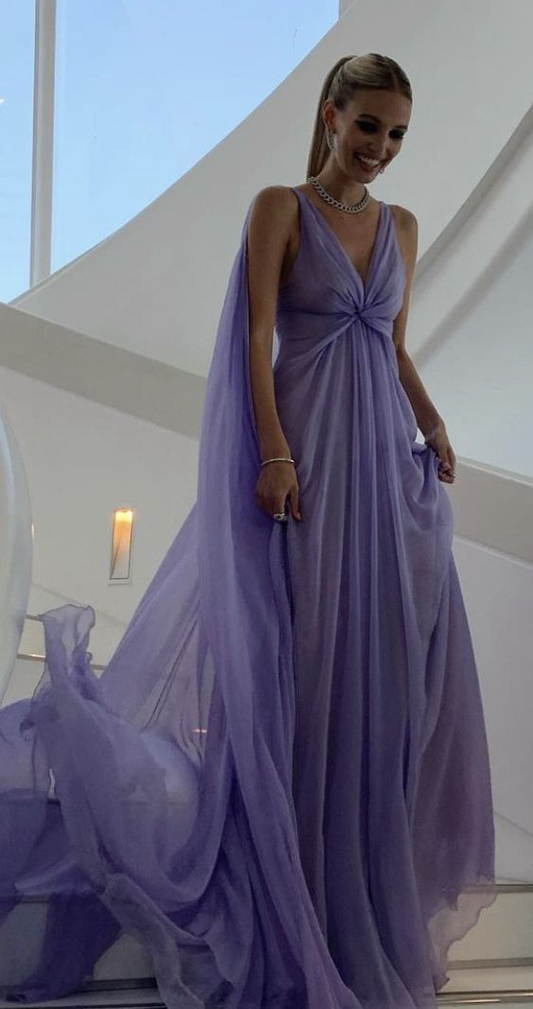 Simple A Line V Neck Lilac Long Chiffon Prom Dress SH1260